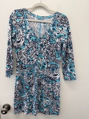 Lilly Pulitzer Aqua & Gray Pima Cotton Printed Dress Size Small